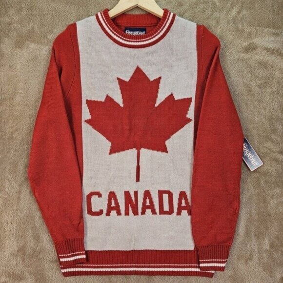 NWT Tipsy Elves Sweater Canada Spell Out Logo Red and White Pullover Mens Size S - Picture 1 of 10
